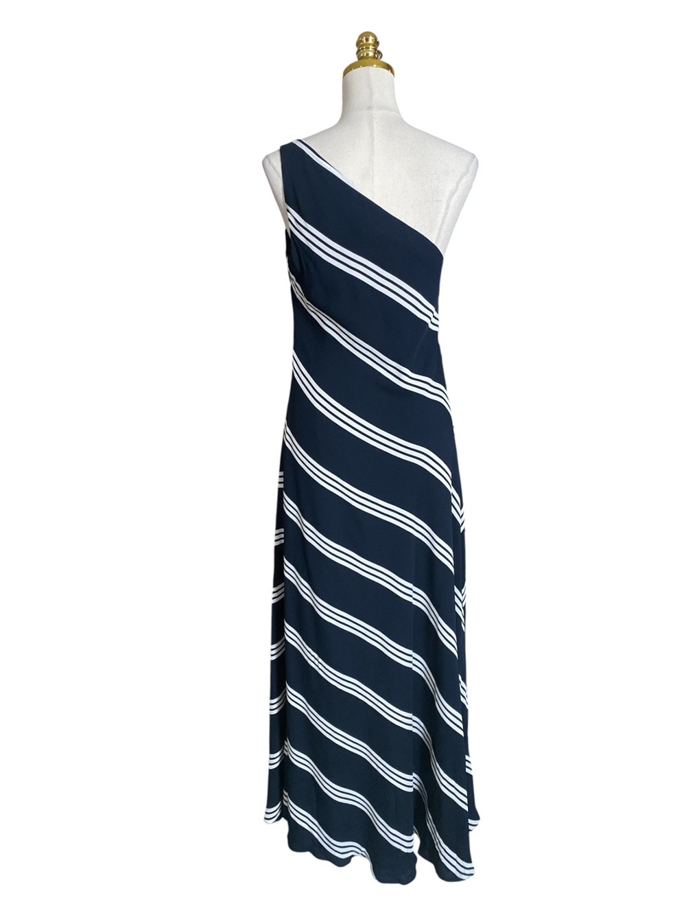 Ralph Lauren 100% Silk One-Shoulder Navy/White Striped Cocktail Maxi Dress Sz 12 - Picture 7 of 11